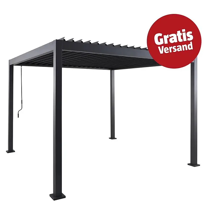 Sunfun Milos Pergola - B x T: 294 x 294 cm, Farbe Gestell: Night-Grey, Aluminium - Dunkelgraue Aluminium-Pergola mit verstellbarem Lamellendach und Kurbelmechanismus.