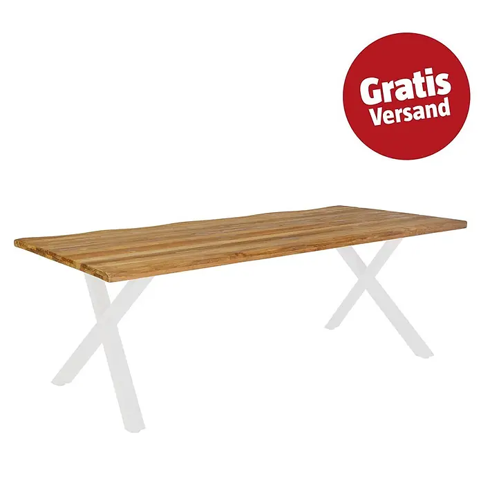 Sunfun Garten-Tischplatte - L x B: 220 x 100 cm, Teak, Baumkante - Rechteckiger Holztisch mit heller, natürlicher Holzplatte aus Brettern und gekreuzten Beinen.