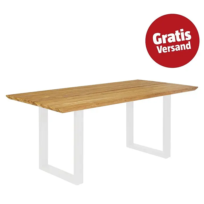 Sunfun Garten-Tischplatte - L x B: 180 x 90 cm, Teak, Schweizer Kante - Rechteckiger Teakholz-Tisch mit Lattenplatte und hellen Vierkantbeinen.