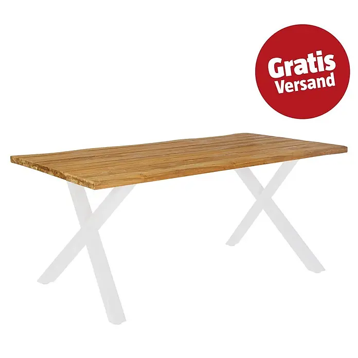 Sunfun Garten-Tischplatte - L x B: 180 x 90 cm, Teak, Baumkante - Rechteckiger Tisch mit heller Holzplatte und X-förmigen Beinauflagen.