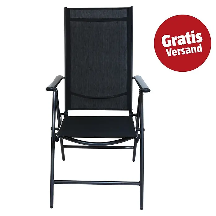 Garten-Positionssessel Maja - Aluminium, Textilen, Rückenlehne verstellbar, Anthrazit/Schwarz, B x T x H: 55 x 68 x 106 cm - Schwarzer Klappstuhl mit Textilgewebe und dunklem Metallrahmen.