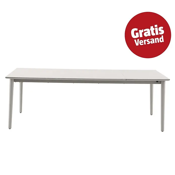 Sunfun Solo Gartentisch - L x B x H: 230 x 100 x 76,5 cm, Aluminium, Sintered Stone, Light-Greige, Ausziehbar - Weißer rechteckiger ausziehbarer Esstisch mit vier Beinen und einem roten „Gratis Versand!“ Abzeichen.