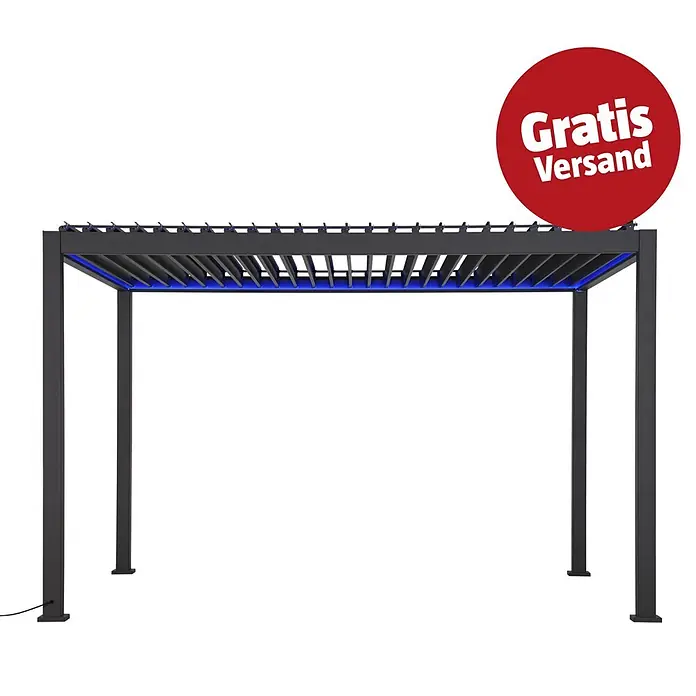 Sunfun Pergola Korfu - B x T: 400 x 300 cm, Farbe Gestell: Anthrazit, Aluminium - Dunkelgraue Metall-Pergola mit blauer LED-Beleuchtung in der Lamellendachkonstruktion und rotem 'Gratis Versand!'-Aufkleber.