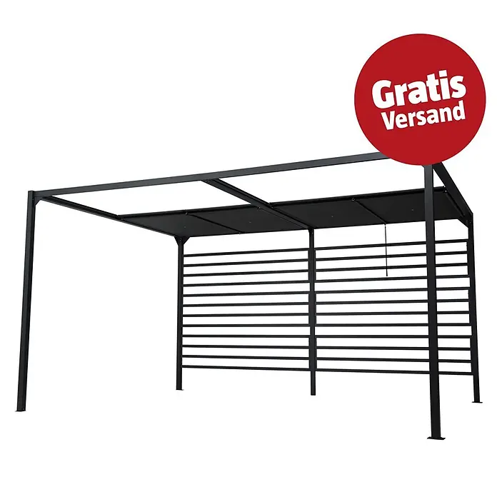 Raffpavillon - B x T: 400 x 300 cm, Farbe Gestell: Schwarz, Farbe Dach: Grau - Schwarze Metall-Pergola mit Lamellenwänden und ausziehbarem Stoffdach.