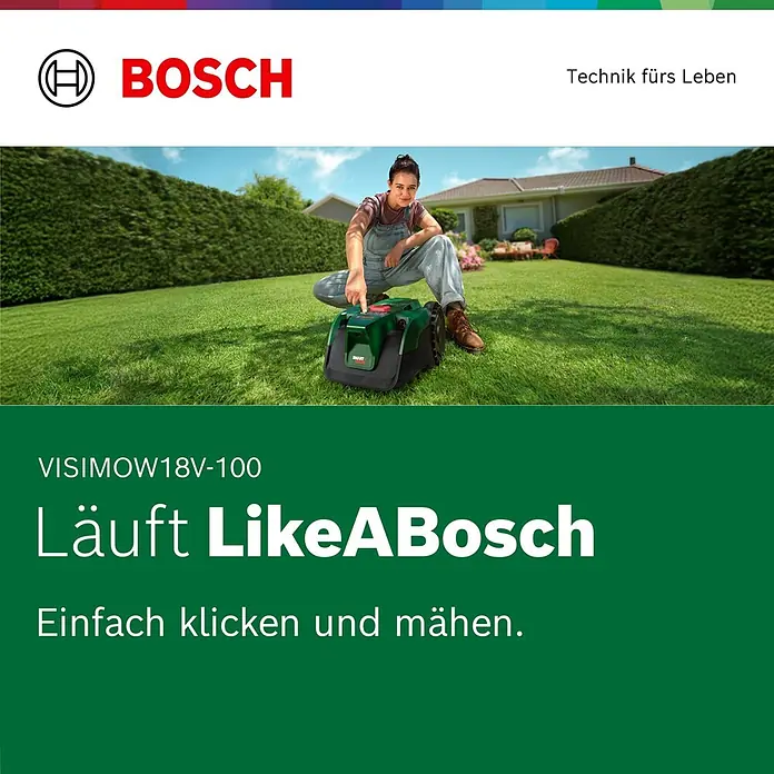 Bosch Power for All 18V Mähroboter VISIMOW 18V-100 - 100 m², Schnittbreite: 16 cm, Kamera-gestützte Navigation, Ultraschallsensorik, Ohne Akku - Eine Person in Latzhose aktiviert einen grün-schwarzen Bosch Mähroboter auf einem sonnigen Rasen.