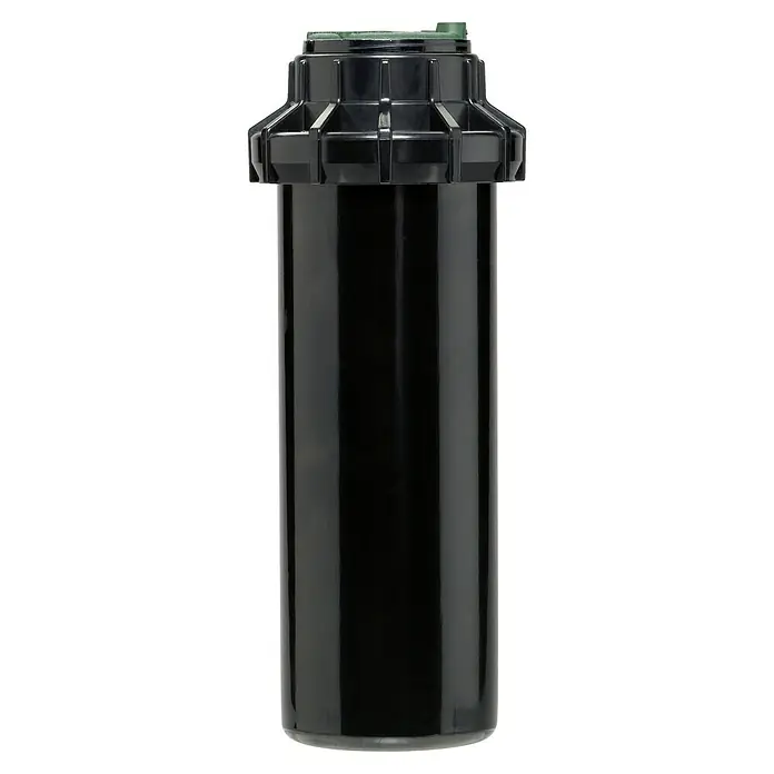 Aspersor emergente - ¾″ - Primer plano de un aspersor emergente negro, que proporciona un riego eficiente para jardines y paisajes.