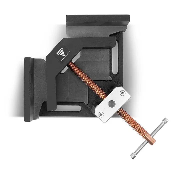 STAHLWERK Schweiß-Winkelklemme Schweißwinkelklemme Winkelspanner 100 mm Maulweite -  - Schwarze Eckspannzwinge mit kupferfarbener Gewindestange und silbernem Griff.