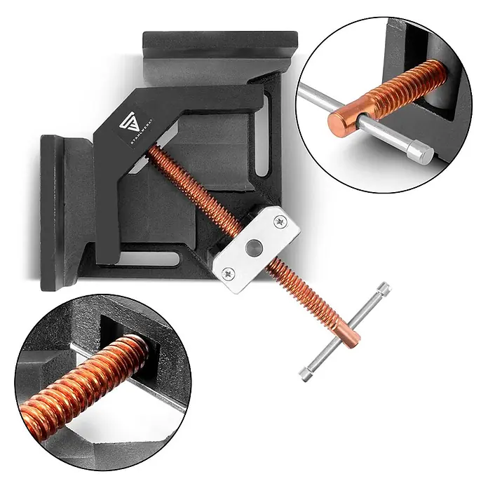 STAHLWERK Schweiß-Winkelklemme Schweißwinkelklemme Winkelspanner 100 mm Maulweite -  - Schwarze Winkelspannzwinge mit kupferner Gewindespindel und silbernem Knebelgriff zum präzisen Halten von Materialien im 90-Grad-Winkel.