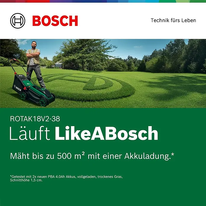 Bosch Power for All 18V Akku-Rasenmäher ROTAK18V2-38 - Ohne Akku, Schnittbreite: 38 cm - Grüner und schwarzer Bosch Akku-Rasenmäher ROTAK18V2-38, mit einem Mann auf einer großen, gemähten Rasenfläche.