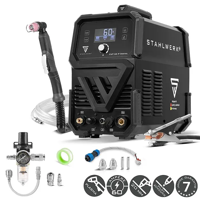 STAHLWERK Plasmaschneider Plasmaschneider CUT 60 P Digital THC - Schweißstrom: 60 A, 400 V - Schwarzer STAHLWERK CUT 60 P DIGITAL 60A Plasmaschneider mit Brenner, Masseklemme, Luftregler und Zubehör.