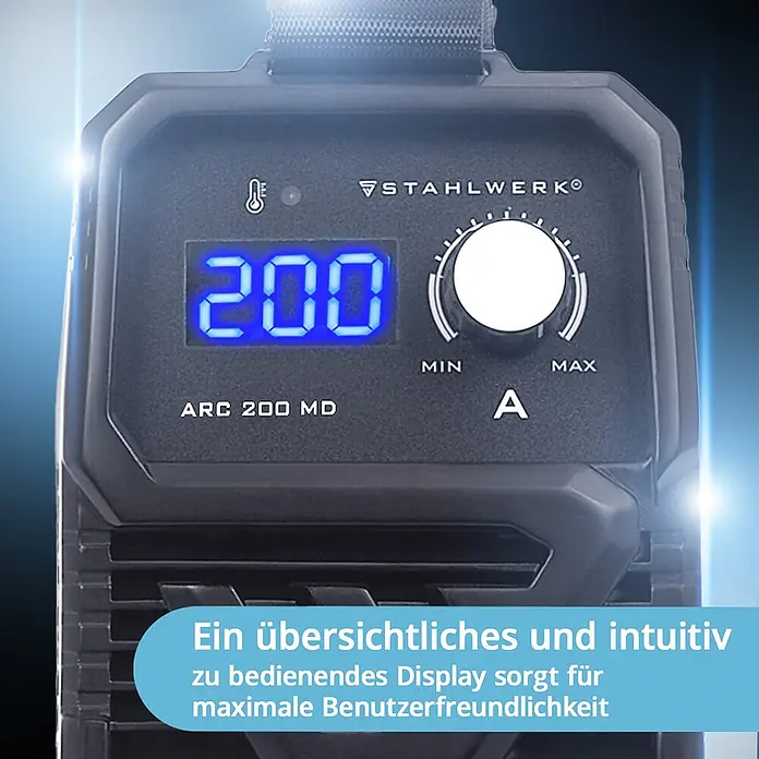 STAHLWERK Elektrodenschweißgerät ARC 200 MD - DC Vollausstattung - Schweißstrom: 200 A, 230 V - Schwarzes STAHLWERK Schweißgerät mit blauer Digitalanzeige '200' und weißem Drehregler.
