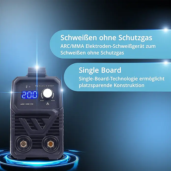 STAHLWERK Elektrodenschweißgerät ARC 200 MD - DC Vollausstattung - Schweißstrom: 200 A, 230 V - Kompaktes schwarzes ARC/MMA-Schweißgerät mit blauem Digitaldisplay (200) und Drehregler.