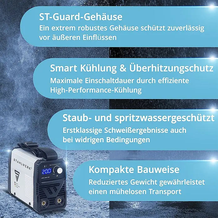 STAHLWERK Elektrodenschweißgerät ARC 200 MD - DC Vollausstattung - Schweißstrom: 200 A, 230 V - Weiß-schwarzes Stahlwerk ARC 200 ST IGBT Schweißgerät mit Produktmerkmalen auf staubig-nasser Oberfläche.