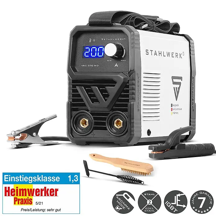 STAHLWERK Elektrodenschweißgerät Elektrodenschweißgerät ARC 200 MD -  - Weiß-schwarzes Stahlwerk Inverter-Schweißgerät mit Schweißzangen und Reinigungszubehör.