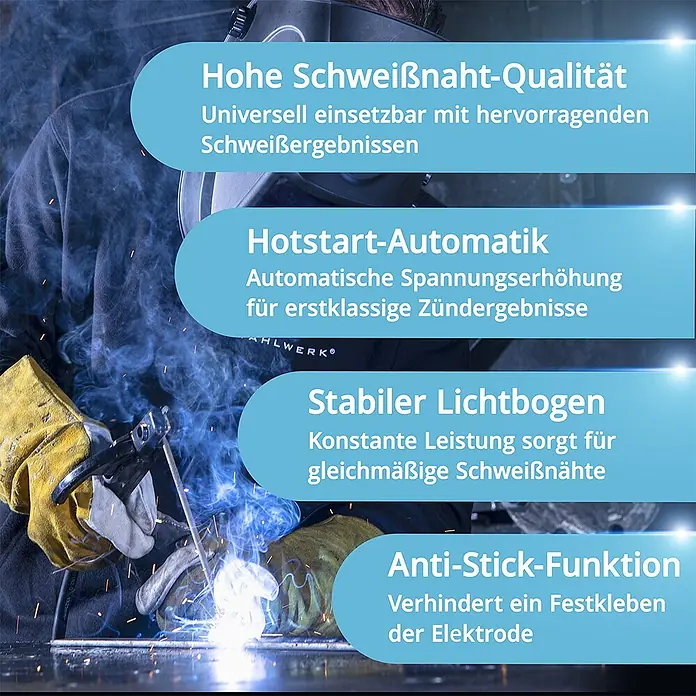 STAHLWERK Elektrodenschweißgerät Schweißgerät ARC 160 MD - Schweißstrom: 160 A - Schweißer erzeugt hellen Lichtbogen; Text beschreibt hohe Nahtqualität, Hotstart, stabilen Lichtbogen und Anti-Stick-Funktion.