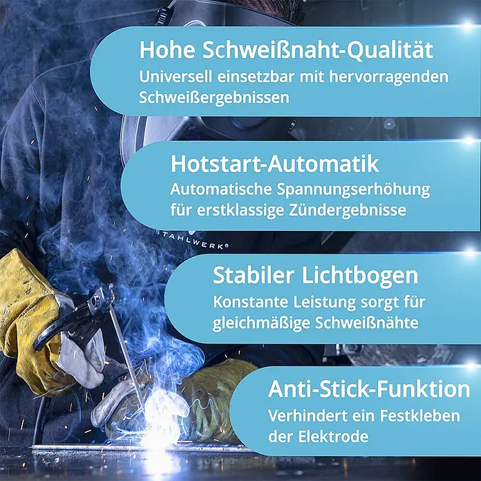 STAHLWERK Elektrodenschweißgerät ARC 200 MD Digital Vollausstattung + Werkzeug- und Gerätewagen -  - Ein Schweißer in Schutzkleidung bedient eine Schweißmaschine und erzeugt einen hellen Lichtbogen. Text hebt Hauptmerkmale wie hohe Schweißnahtqualität hervor.