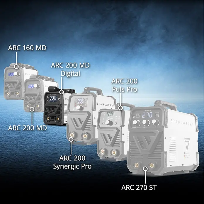 STAHLWERK Elektrodenschweißgerät ARC 200 MD Digital Vollausstattung + Werkzeug- und Gerätewagen -  - Ein Produkt-Lineup von Stahlwerk ARC Schweißgeräten in verschiedenen Modellen, Farben und Ausführungen mit Digitalanzeigen und Anschlüssen.