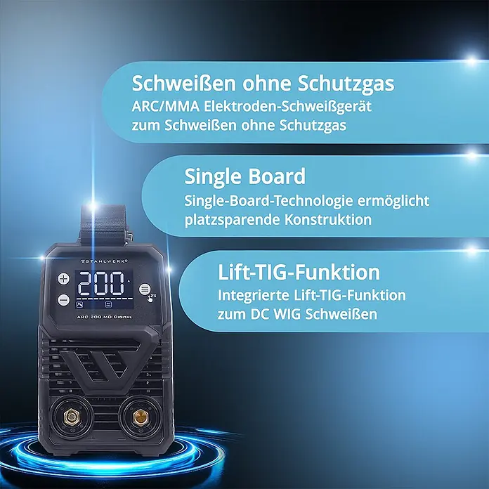 STAHLWERK Elektrodenschweißgerät ARC 200 MD Digital Vollausstattung + Werkzeug- und Gerätewagen -  - Kompaktes schwarzes ARC/MMA-Schweißgerät mit Digitalanzeige (200A), das Schutzgas-freies Schweißen, Single-Board-Technologie und Lift-TIG-Funktion hervorhebt.
