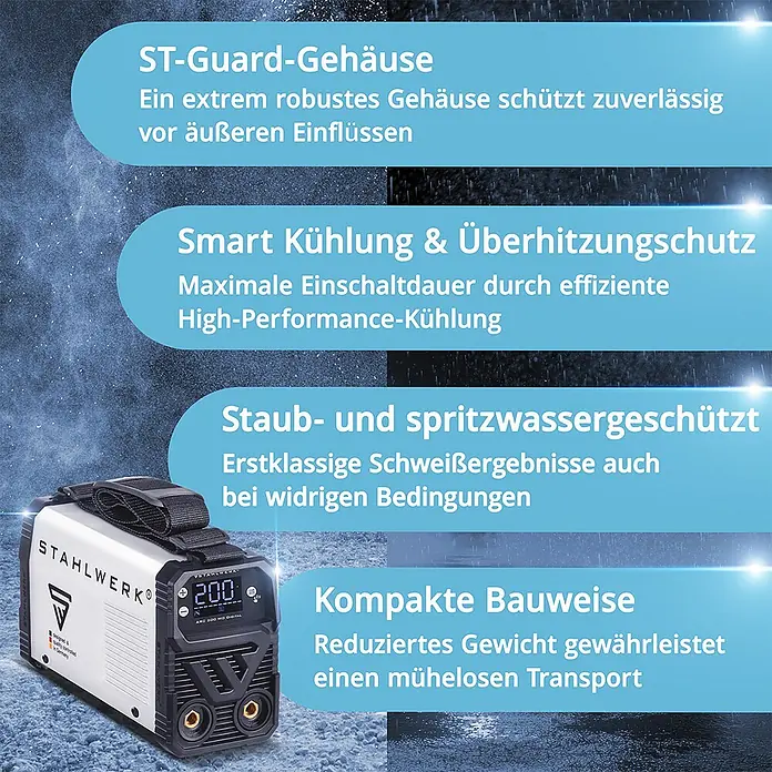 STAHLWERK Elektrodenschweißgerät ARC 200 MD Digital Vollausstattung + Werkzeug- und Gerätewagen -  - Tragbares silber-schwarzes Schweißgerät mit robustem Gehäuse und digitaler Anzeige.