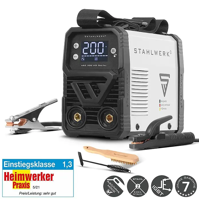 STAHLWERK Elektrodenschweißgerät Schweißgerät ARC 200 MD Digital -  - STAHLWERK ARC 200 MD Digital Schweißgerät in Schwarz-Weiß, mit Digitalanzeige und Schweißzubehör.