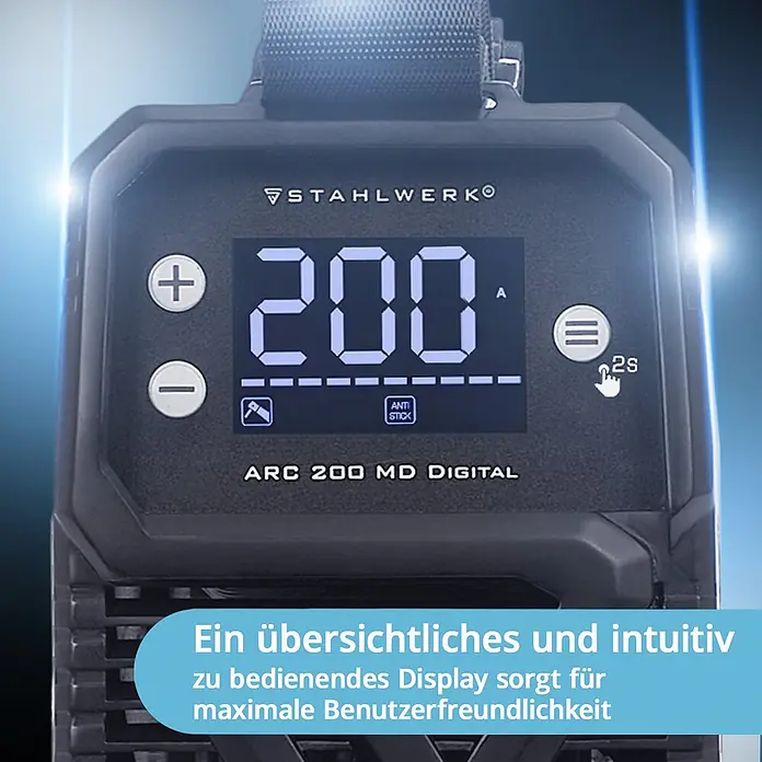 STAHLWERK Elektrodenschweißgerät ARC 200 MD Digital Vollausstattung + Werkzeug- und Gerätewagen -  - Schwarzes STAHLWERK Digital-Schweißgerät-Display mit '200 A' Anzeige, Plus/Minus-Reglern, Menü und 'ANTI STICK' Indikator für Benutzerfreundlichkeit.