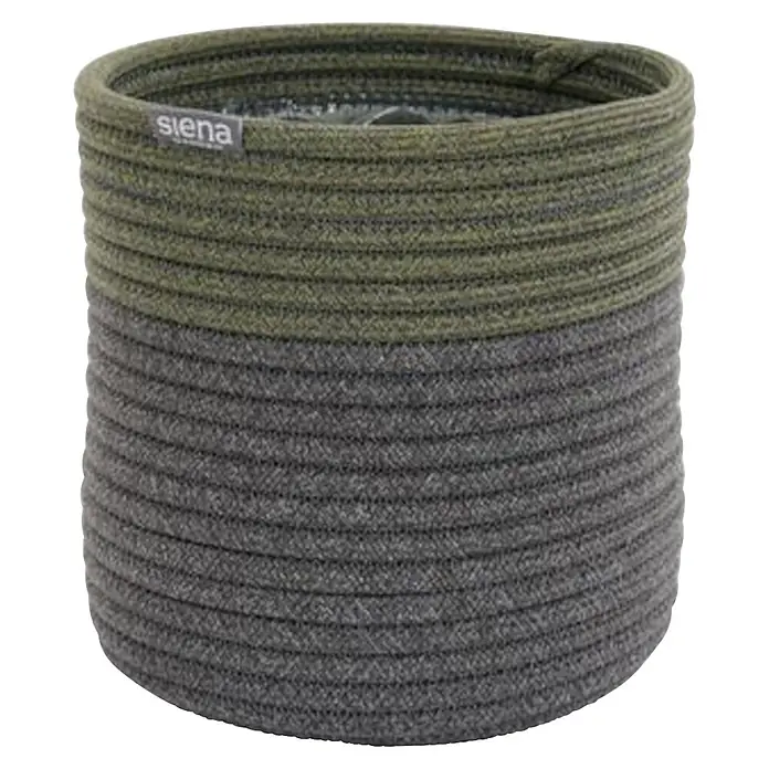 Siena Garden Pflanztopf FIORA - Oliv/Anthrazit, 1 Stk., Max. Außendurchmesser: 20 cm, Höhe: 20,5 cm - Zweifarbiger Kordelkorb, oben grün, unten grau, mit 'siena'-Etikett.