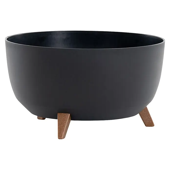 Siena Garden Pflanztopf OSLO PURE - Anthrazit, Kunststoff, Außenmaß (Ø x H): 47 x 26,5 cm - Dunkelgrauer Pflanztopf mit matter Oberfläche und drei hellbraunen Holzfüßen.