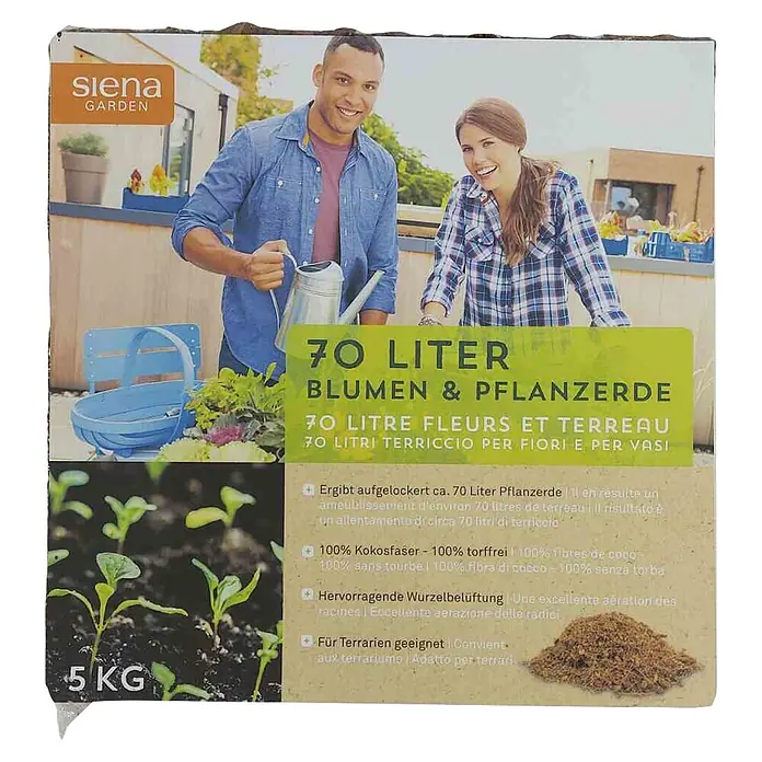 Siena Garden Pflanzensubstrat Anzucht - Kokos, 70 l - Siena Garden 5kg Sack Kokosfaser-Blumenerde für Pflanzen, der 70 Liter ergibt, gezeigt mit Gärtnern.