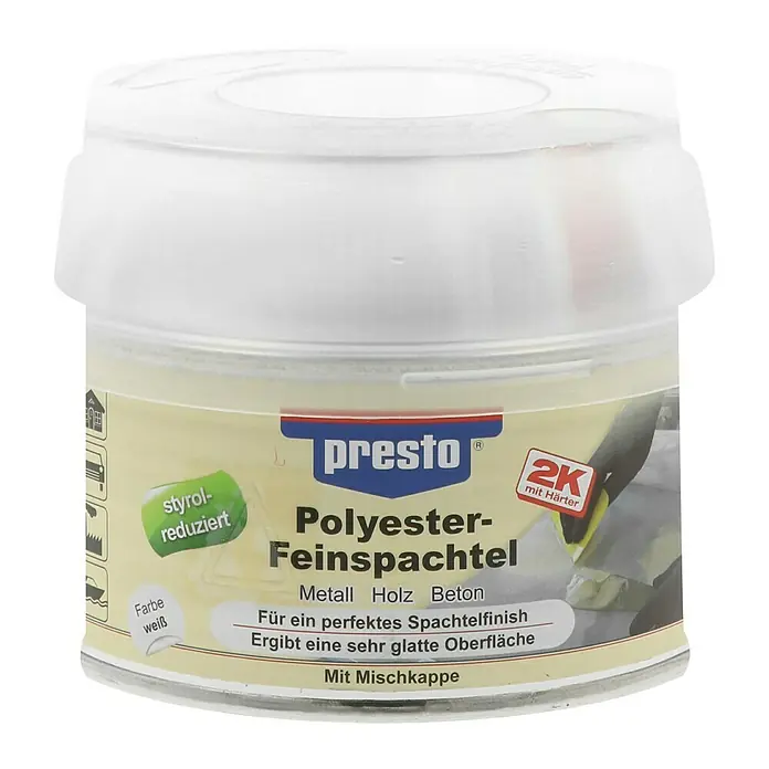 Presto Polyester-Feinspachtel - 500 g, Weiß - Dose Polyester-Feinspachtel von Presto, geeignet für Metall, Holz und Beton, für ein perfektes Spachtelfinish und glatte Oberflächen.
