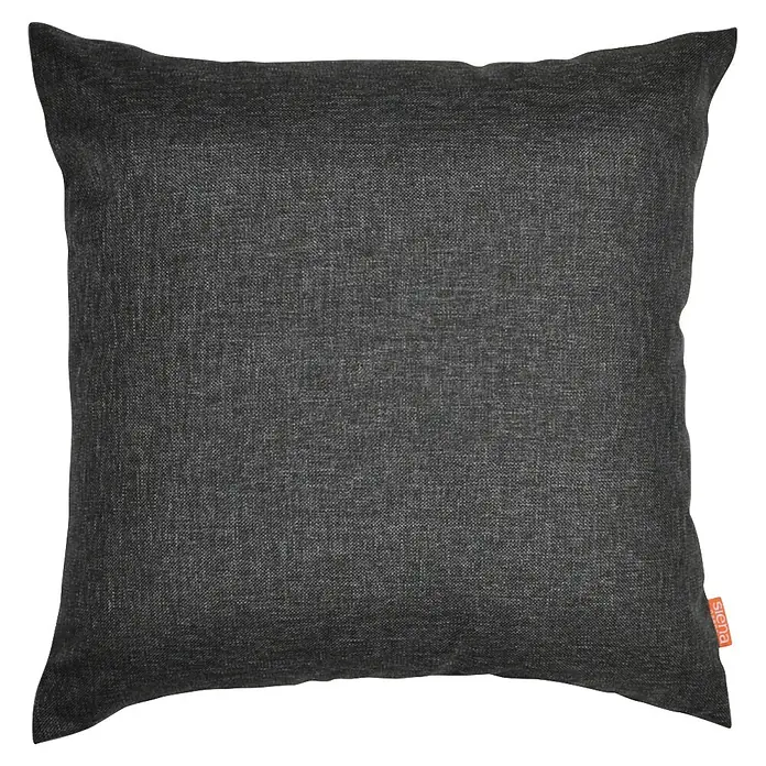 Siena Garden Kissen PRIME - 45 x 45 cm, Anthrazit, Quadratisch - Dunkelgraues Kissen aus strukturiertem Stoff mit orangefarbenem Markenetikett für Komfort und Dekoration.