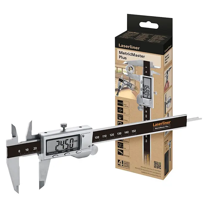Laserliner Digitaler Messschieber Metric Master Plus - Messbereich: 0 - 150 mm - Silberne Digitalmessschieber mit schwarzen Markierungen, 24,50 mm Anzeige und schwarzer-brauner Verpackung.