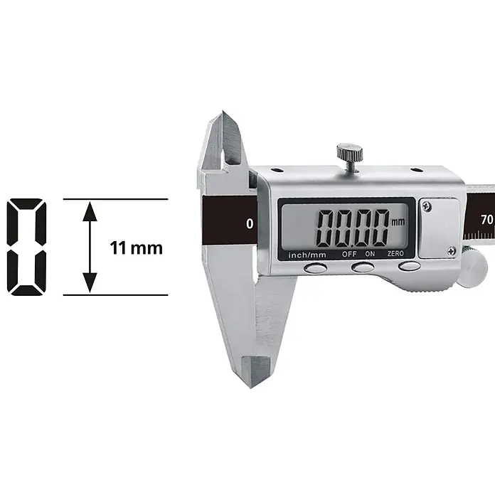 Laserliner Digitaler Messschieber Metric Master Plus - Messbereich: 0 - 150 mm - Silberner digitaler Messschieber mit Anzeige '00.00 mm' und 11mm Messhilfe.