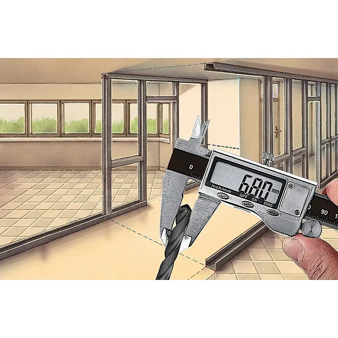 Laserliner Digitaler Messschieber Metric Master Plus - Messbereich: 0 - 150 mm - Digitale Messlehre misst einen Bohrer mit 6,80 mm vor einer Innenkonstruktion.