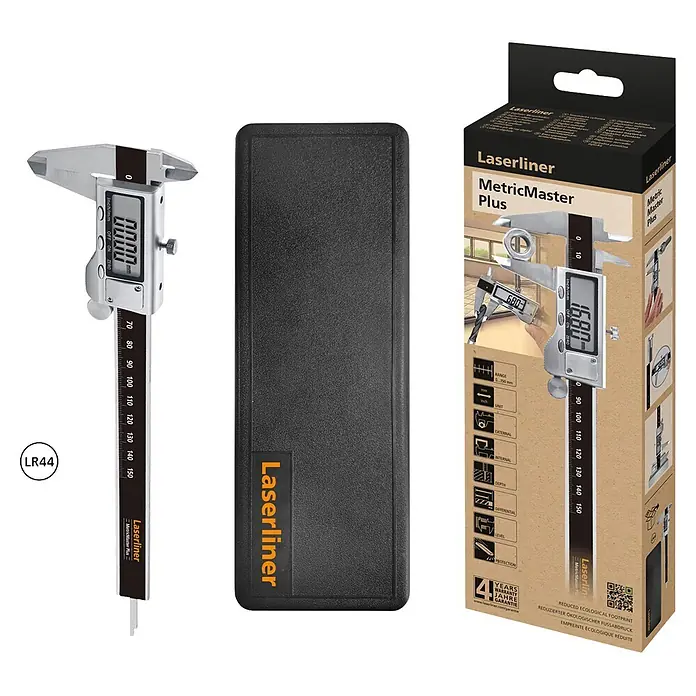Laserliner Digitaler Messschieber Metric Master Plus - Messbereich: 0 - 150 mm - Laserliner MetricMaster Plus Digitalmessschieber, silber-schwarz, mit schwarzem Gehäuse und Verpackung.