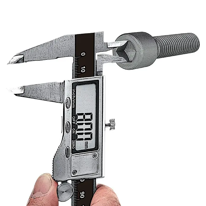 Laserliner Digitaler Messschieber Metric Master Plus - Messbereich: 0 - 150 mm - Silberner Digitalmessschieber misst den Torx-Kopf einer grauen Metallschraube, Anzeige 0,00 mm.