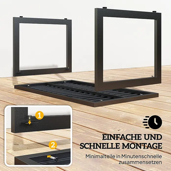 Outsunny Garten-Loungetisch mit verstellbaren Fußpolster - Aluminium, Schwarz, L x B x H: 90 x 50 x 42 cm - Schwarze Metallregalteile werden auf Holzboden einfach montiert, Schraubverbindungen werden hervorgehoben.
