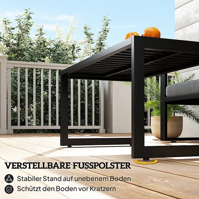 Outsunny Garten-Loungetisch mit verstellbaren Fußpolster - Aluminium, Schwarz, L x B x H: 90 x 50 x 42 cm - Schwarzer Metall-Gartentisch mit verstellbaren Füßen auf Holzterrasse für Stabilität und Bodenschutz.