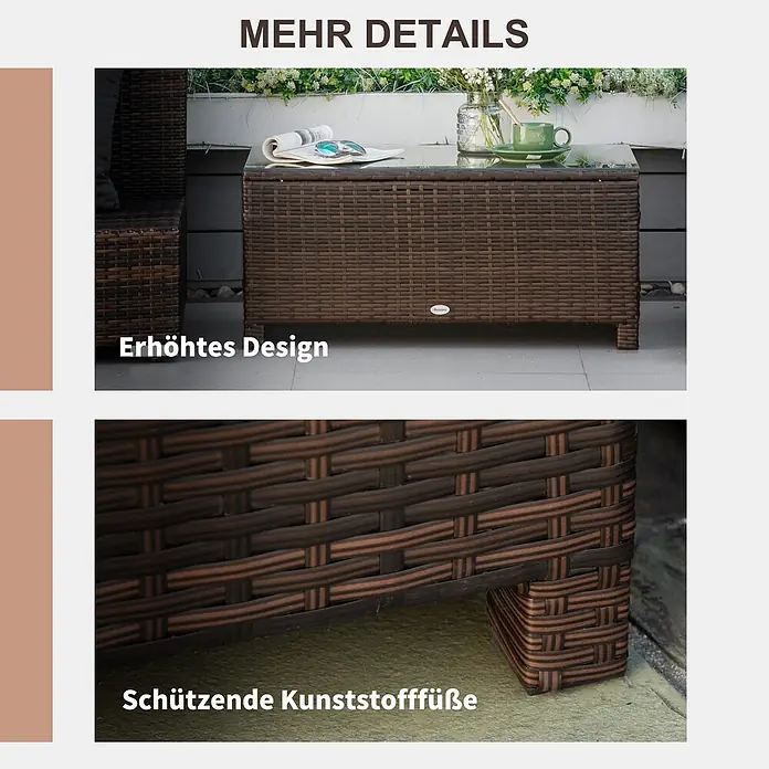 Outsunny Garten-Loungetisch - Metall, PE-Rattan, gehärtetes Glas, Braun, L x B x H: 85 x 50 x 39 cm - Brauner Rattan-Beistelltisch mit Glasplatte, erhöhtem Design und schützenden Füßen.