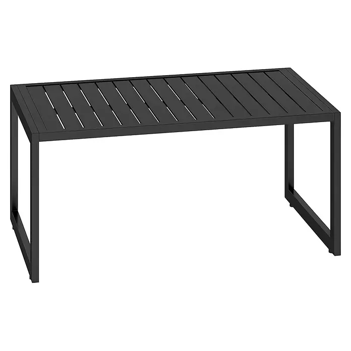 Outsunny Garten-Loungetisch mit verstellbaren Fußpolster - Aluminium, Schwarz, L x B x H: 90 x 50 x 42 cm - Schwarzer rechteckiger Tisch mit Lattenrostplatte und U-förmigen Metallbeinen.