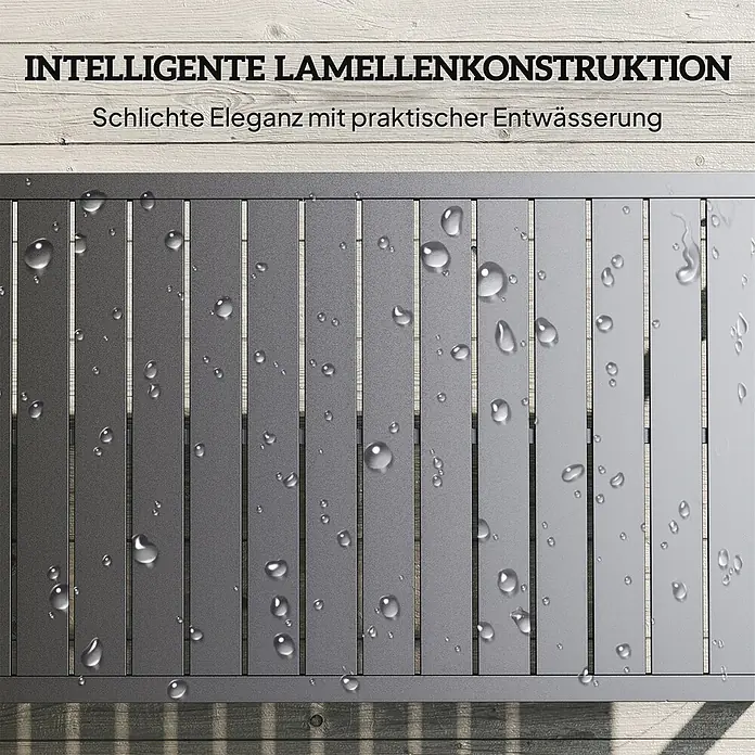 Outsunny Garten-Loungetisch mit verstellbaren Fußpolster - Aluminium, Schwarz, L x B x H: 90 x 50 x 42 cm - Graue Lamellenkonstruktion mit Wassertropfen, die praktische Entwässerung demonstriert.