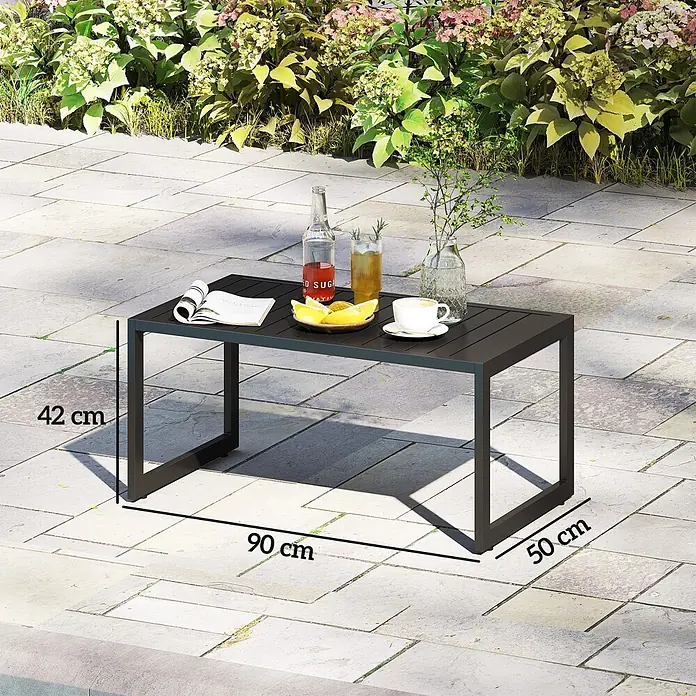 Outsunny Garten-Loungetisch mit verstellbaren Fußpolster - Aluminium, Schwarz, L x B x H: 90 x 50 x 42 cm - Dunkelgrauer Metall-Couchtisch für draußen, 90x50x42 cm, mit Lattenrostplatte.