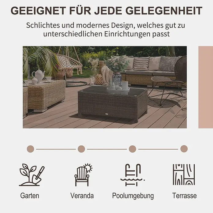 Outsunny Garten-Loungetisch - Metall, PE-Rattan, gehärtetes Glas, Braun, L x B x H: 85 x 50 x 39 cm - Braune Rattan-Gartenmöbel (Sofa, Couchtisch) auf Holzterrasse. Vielseitig für Garten, Veranda, Pool, Terrasse.