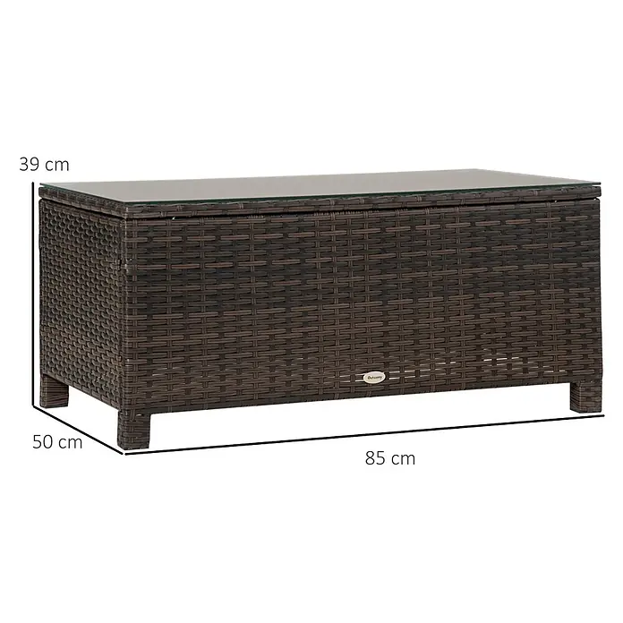 Outsunny Garten-Loungetisch - Metall, PE-Rattan, gehärtetes Glas, Braun, L x B x H: 85 x 50 x 39 cm - Braune Rattan-Aufbewahrungsbox mit Glasplatte, 85x50x39 cm.