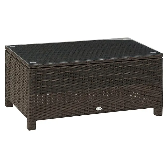 Outsunny Garten-Loungetisch - Metall, PE-Rattan, gehärtetes Glas, Braun, L x B x H: 85 x 50 x 39 cm - Dunkelbrauner Couchtisch aus Polyrattan für den Außenbereich mit Glasplatte.