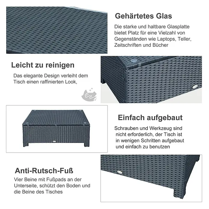 Outsunny Garten-Loungetisch im Rattan-Design - Metall, PE-Rattan, gehärtetes Glas, Schwarz, L x B x H: 85 x 50 x 39 cm - Dunkelgrauer rechteckiger Couchtisch in Rattan-Optik mit gehärteter Glasplatte und Anti-Rutsch-Füßen.