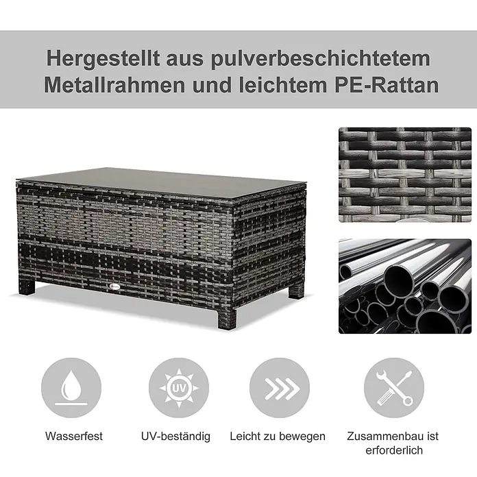 Outsunny Garten-Loungetisch - Metall, PE-Rattan, gehärtetes Glas, Grau - Grauer PE-Rattan Gartentisch mit Glasplatte und pulverbeschichtetem Metallrahmen. UV-beständig und wasserfest.