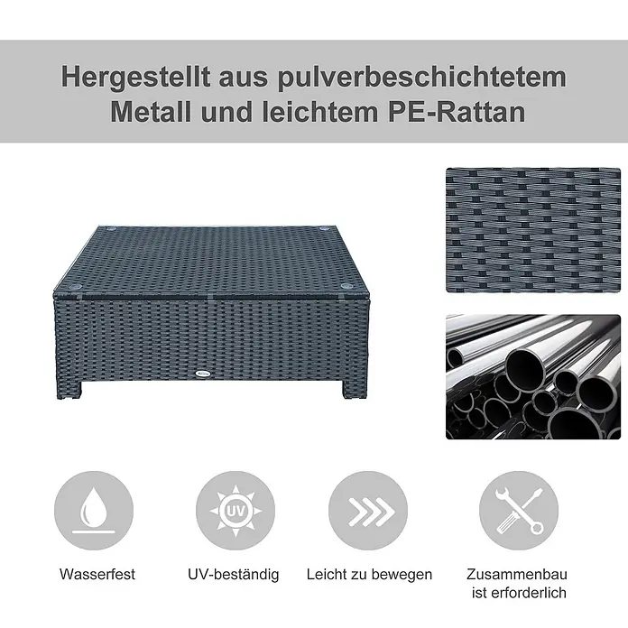 Outsunny Garten-Loungetisch im Rattan-Design - Metall, PE-Rattan, gehärtetes Glas, Schwarz, L x B x H: 85 x 50 x 39 cm - Dunkelgrauer PE-Rattan-Gartentisch mit Glasplatte und pulverbeschichtetem Metallrahmen.