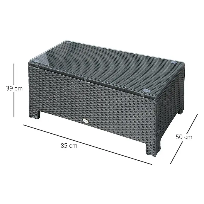 Outsunny Garten-Loungetisch im Rattan-Design - Metall, PE-Rattan, gehärtetes Glas, Schwarz, L x B x H: 85 x 50 x 39 cm - Grauer Rattan-Optik Outdoor-Couchtisch mit Glasplatte, Maße 85x50x39 cm.