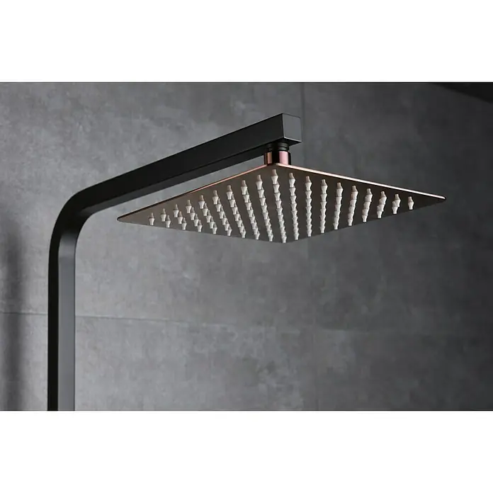 Imex Suecia Sistema de ducha - Con grifo monomando, Negro/Oro rosa - Grifería de ducha negra con rociador cuadrado en oro rosa para una experiencia de ducha elegante.