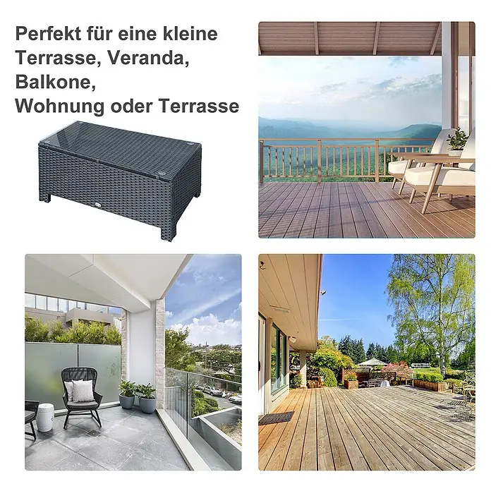 Outsunny Garten-Loungetisch im Rattan-Design - Metall, PE-Rattan, gehärtetes Glas, Schwarz, L x B x H: 85 x 50 x 39 cm - Dunkelgrauer Rattan-Couchtisch mit Glasplatte, perfekt für kleine Terrassen, Balkone oder Veranden.